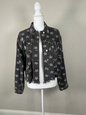 POL Women’s Med Gray Star-Print Distressed Frayed Cropped Jean Jacket Edgy